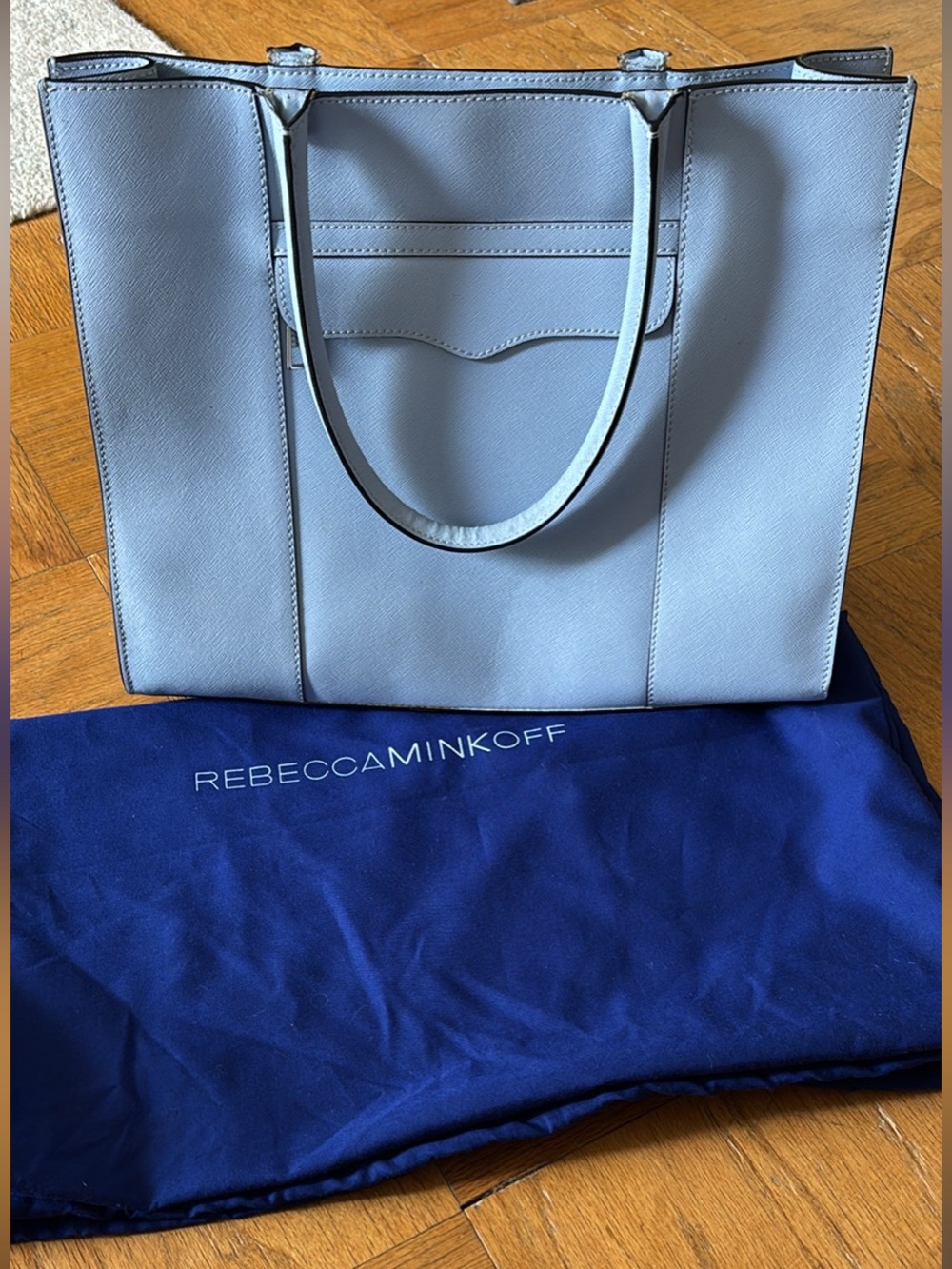 Rebecca Minkoff Powder Blue Leather Tote with Sleek Front Pocket